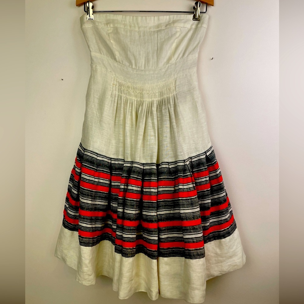 Anthropologie Floreat AROUND THE WORLD Ivory Cream Full Skirt DRESS sz 0 Linen